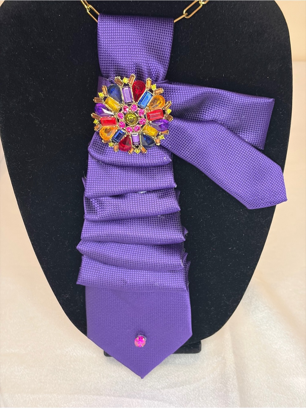 Purple Ribbon Brooch Necklace with Multicolor Jewel Accent